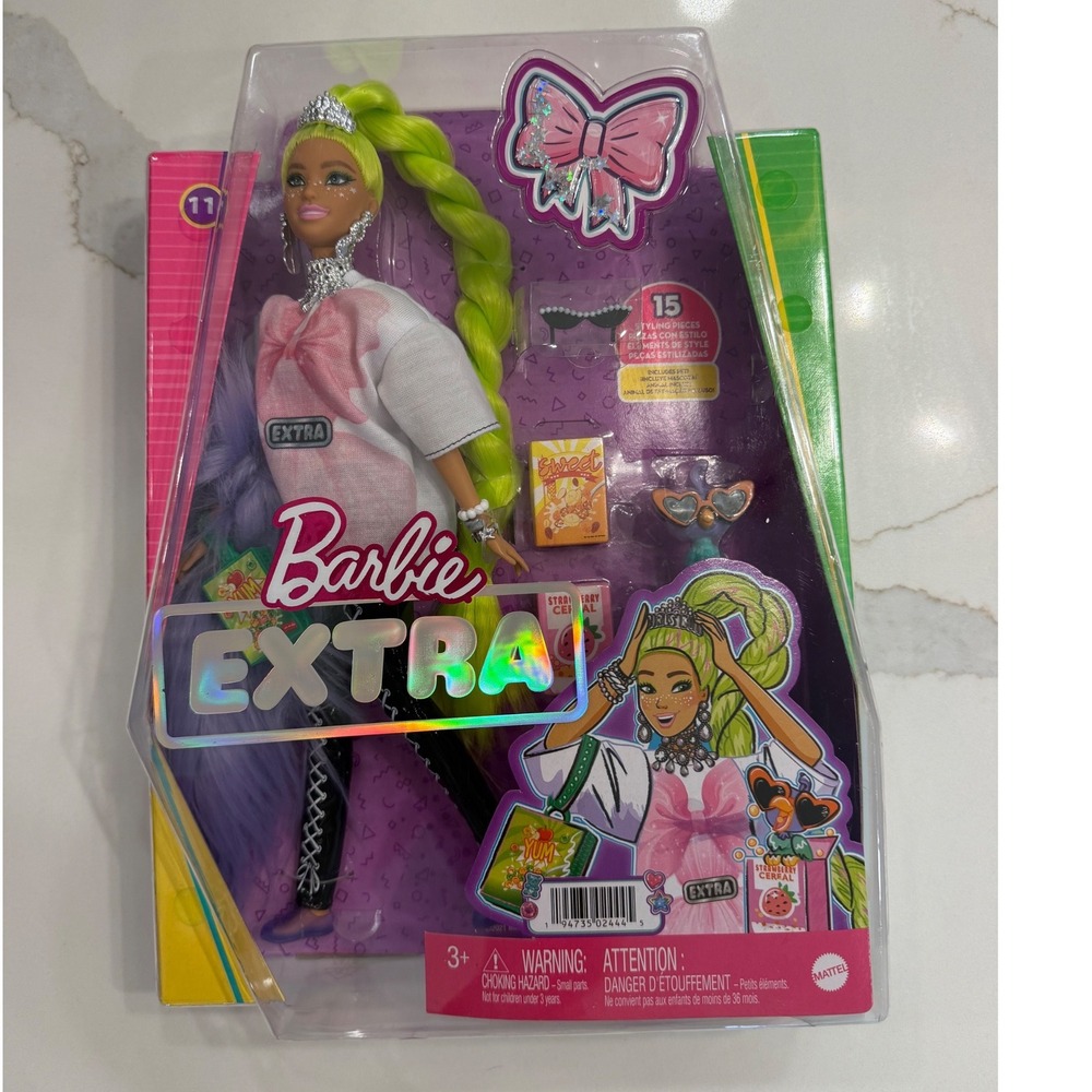 Barbie Extra Doll 11 Neon Green Braids Streetwear Fashion Pet Parrot Mattel